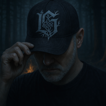 Lazarus Grimm — Robert, the artist, in a dark forest with a campfire and LG sigil cap